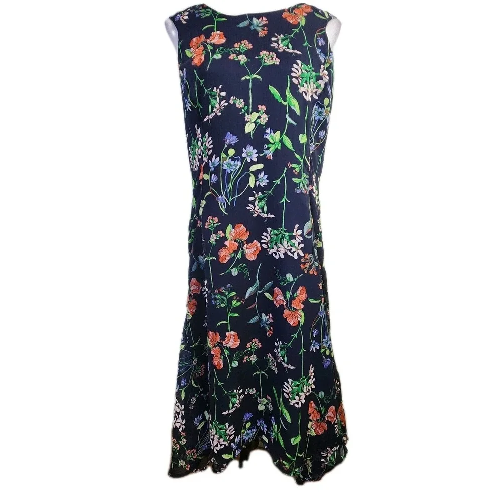 Tommy Hilfiger Women's Trapeze Dress Sz‎ 14 Navy Blue Floral Sleeveless Chiffon